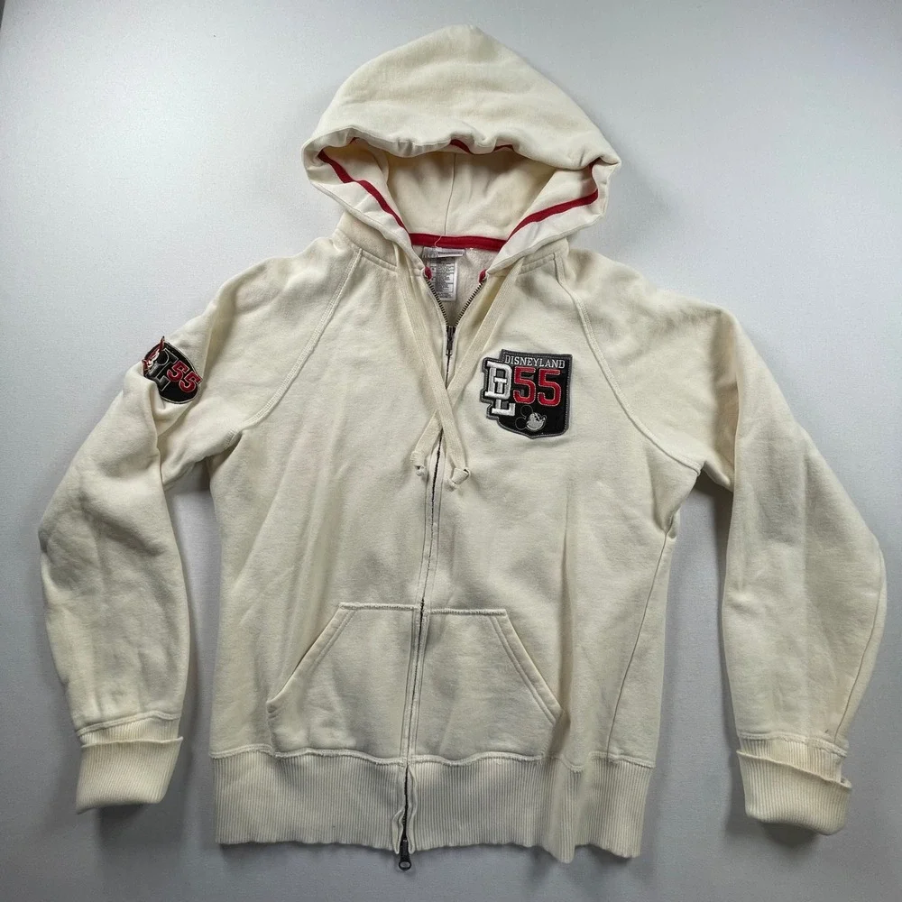 Disneyland Resort 55 Mickey Mouse Zip Up Hoodie Cream Women Large Varsity Patch